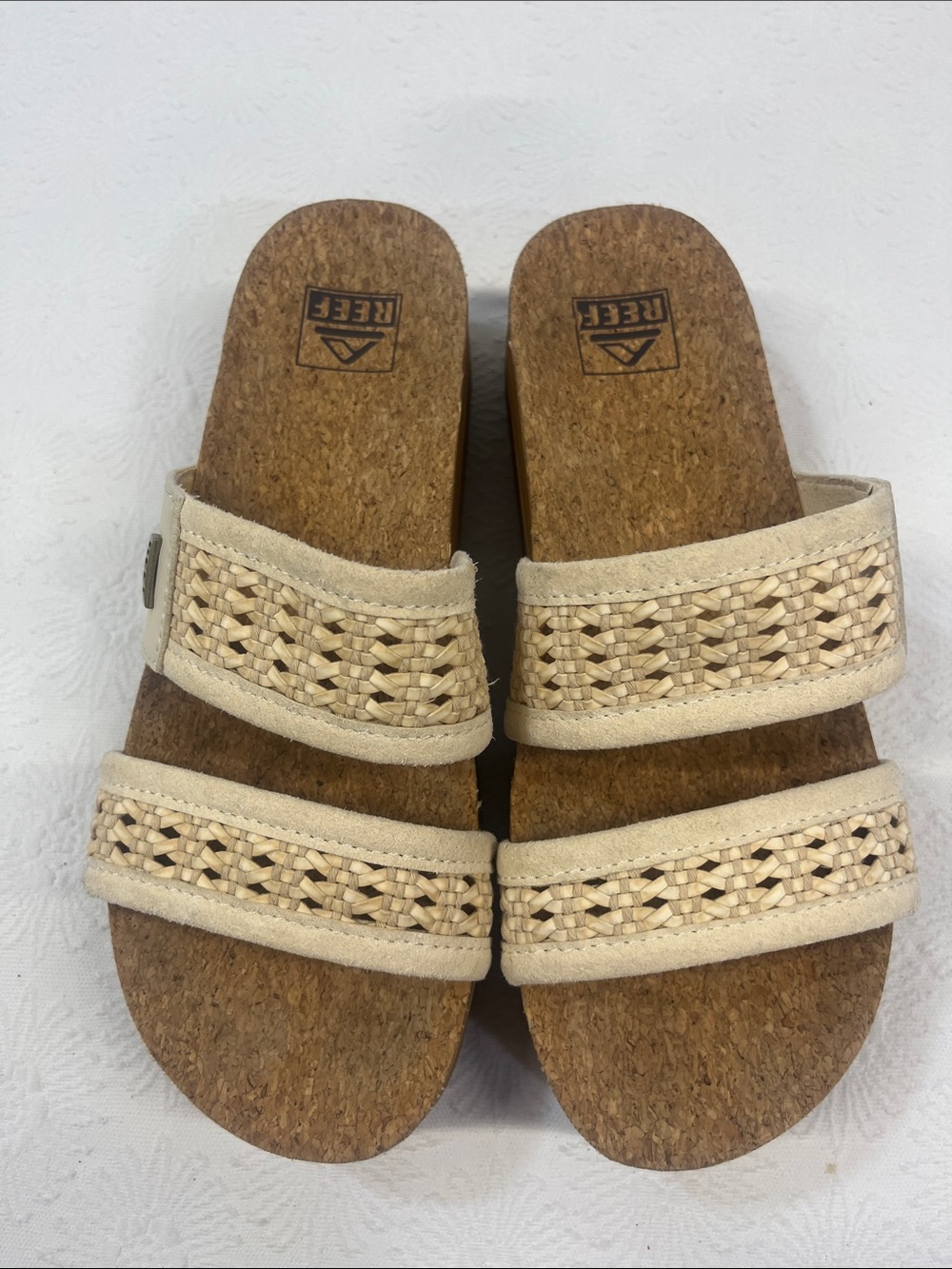 Reef Double-Strap Woven Cork Slide Sandals in Natural